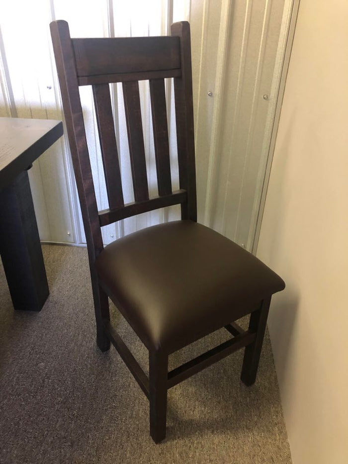 Product: Upholstered Seat R750 Rustic Slat-Back Chair in Guinness Finish Regular $843 each