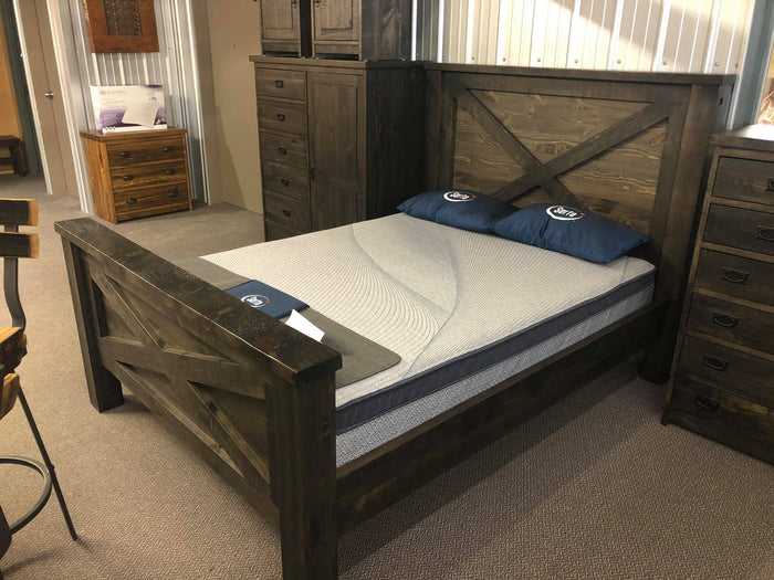 R249P Rustic Pine Barn Door Queen Bed in Ebony Finish C-152